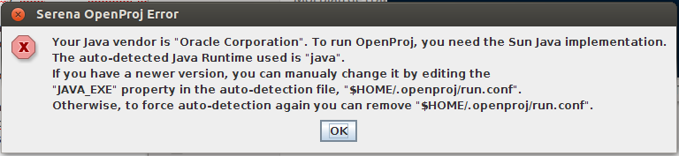 OpenProj error “Your Java vendor is Oracle Corporation”